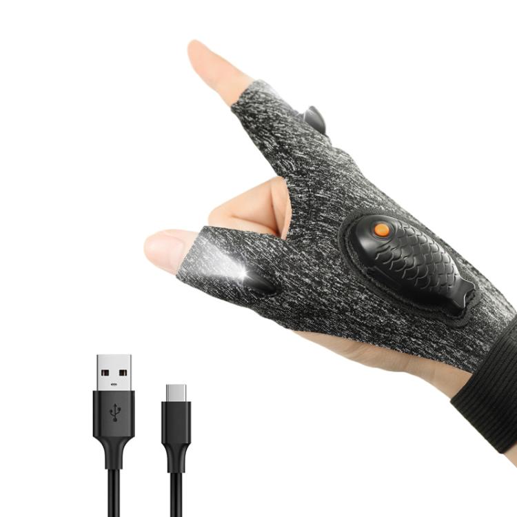 Night Riding Lighting Car Repair Fish Rechargeable LED Light Gloves, Style: Sisal Gray-Right Hand
