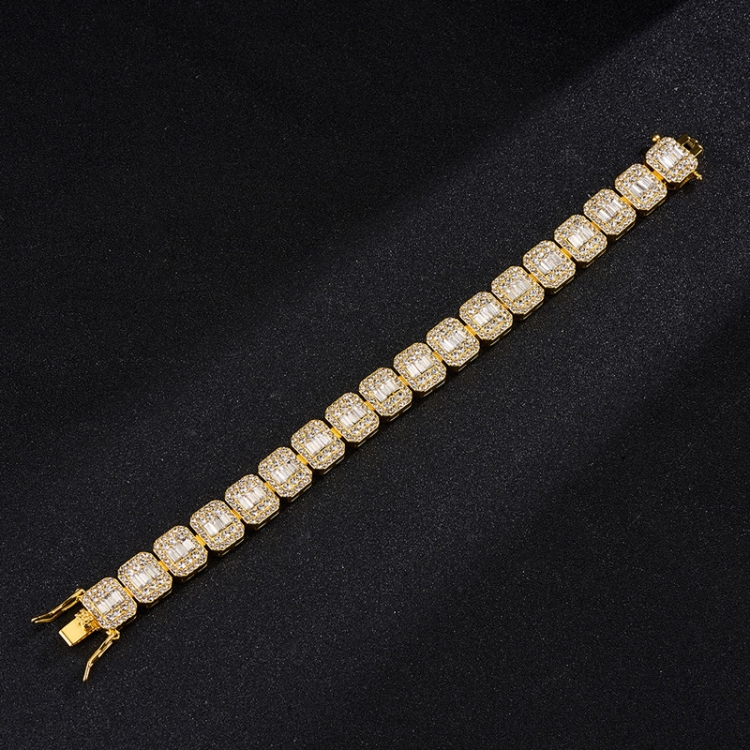 NL075H Street Hip Hop Square Rock Candy Necklace Bracelet, Size: 18cm (Gold)