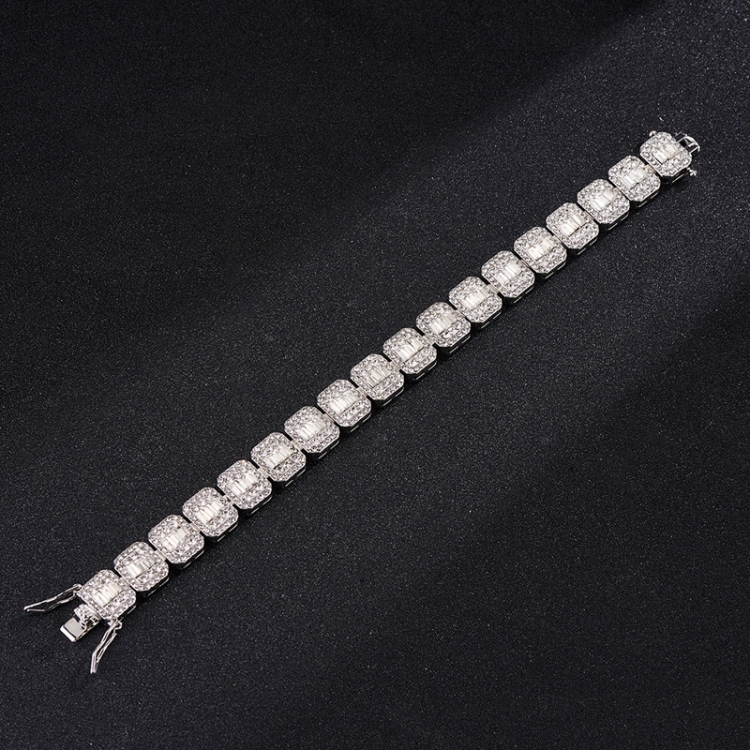NL075H Street Hip Hop Square Rock Candy Necklace Bracelet, Size: 18cm (Silver)
