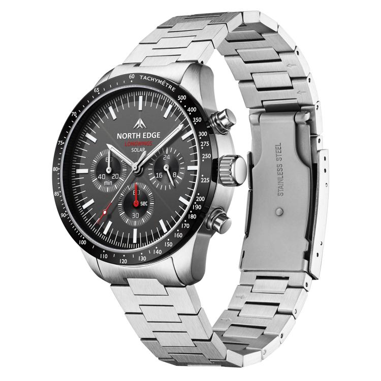 NORTH EDGE LONGWINGS Outdoor Men Solar Charging Stainless Steel Strap Sports Watch(Black Silver)