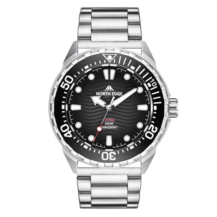 NORTH EDGE TRITON Outdoor Dive Men Solar Luminous Quartz Watch(Black Steel Strap)