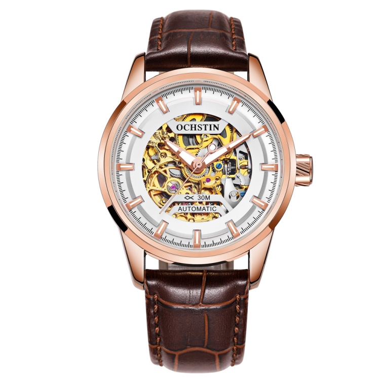 Ochstin 2002C Men  Automatic Hollow Leather Mechanical Watch Business Waterproof Night Light Men Watch Mechanical Watch(Coffee)