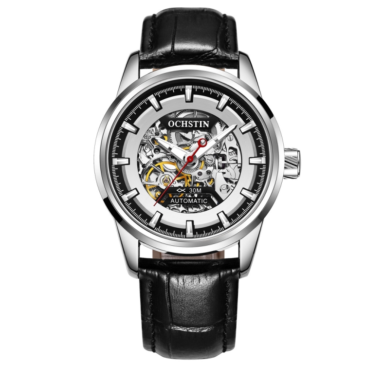 Ochstin 2002C Men  Automatic Hollow Leather Mechanical Watch Business Waterproof Night Light Men Watch Mechanical Watch(Silvery)