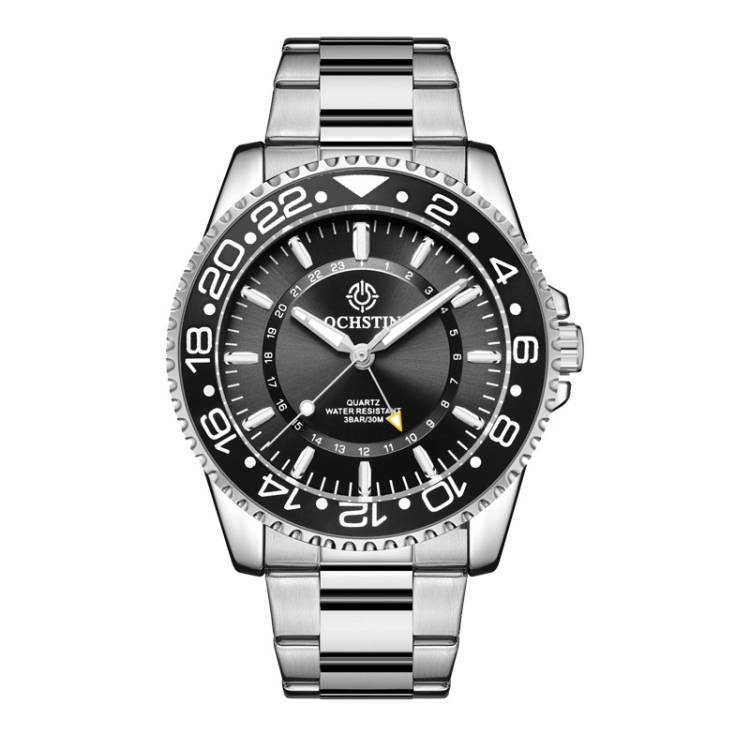 Ochstin 5019B Multifunctional Waterproof Stainless Steel Strap Quartz Watch(Silver+Black)