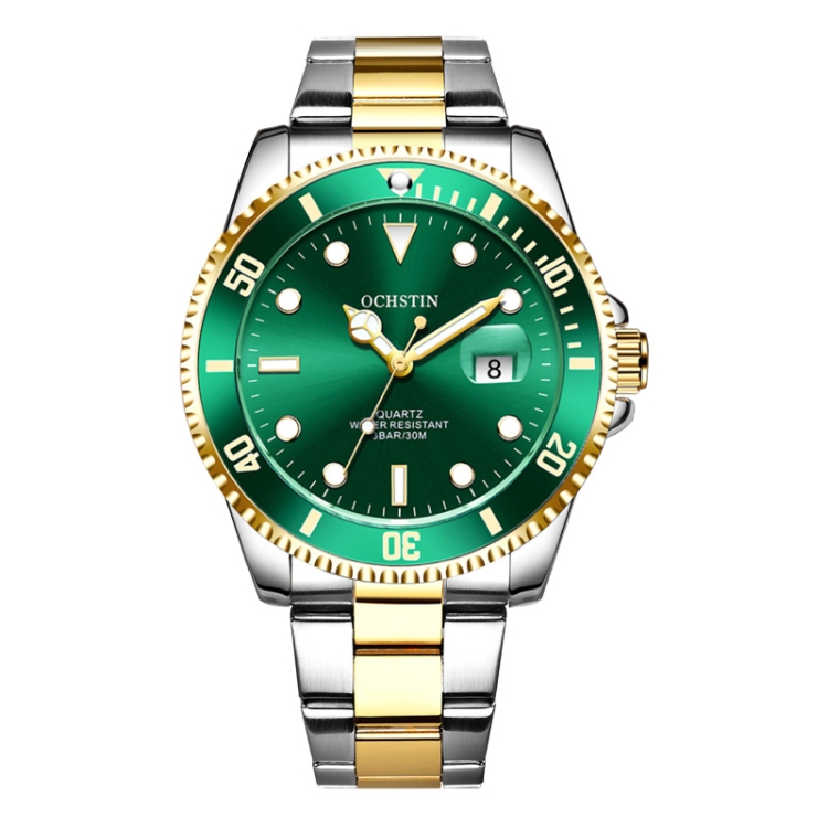 Ochstin 5019F Fashion Business Single Calendar Waterproof Stainless Steel Strap Quartz Watch(Gold+Green)