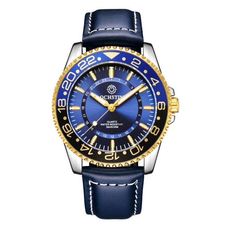 Ochstin 5019G Fashion Business Waterproof Leather Strap Quartz Watch(Blue+Blue)