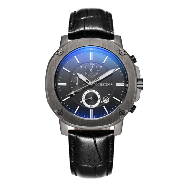 Ochstin 5039C Multifunctional Business Men Watch Luminous Waterproof Leather Quartz Watch(Black+Silver+Black)