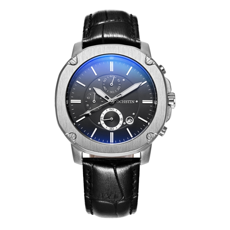 Ochstin 5039C Multifunctional Business Men Watch Luminous Waterproof Leather Quartz Watch(Silver+Silver+Black)
