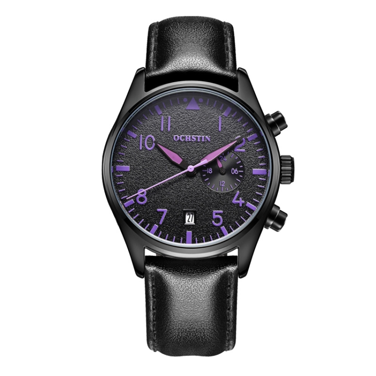 Ochstin 5043C Multifunctional Business Waterproof Leather Strap Quartz Watch(Black+Black+Purple)