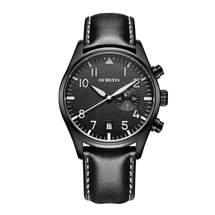 Ochstin 5043C Multifunctional Business Waterproof Leather Strap Quartz Watch(Black+Black+White)