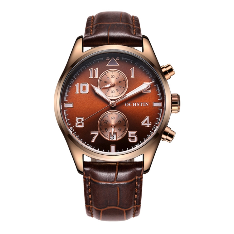 Ochstin 5043G Multifunctional Waterproof Leather Strap Quartz Watch(Coffee+Rose Gold+Coffee)