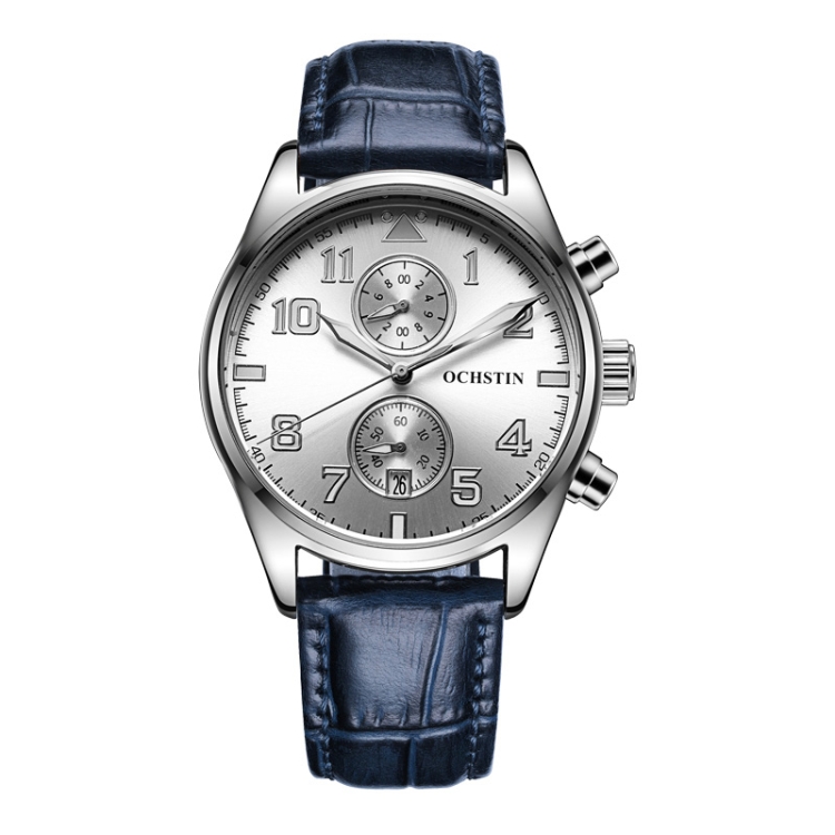Ochstin 5043G Multifunctional Waterproof Leather Strap Quartz Watch(Silver+White+Blue)