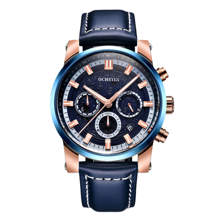 Ochstin 5111B Multifunctional Business Waterproof Luminous Leather Strap Quartz Watch(Silver+Black)