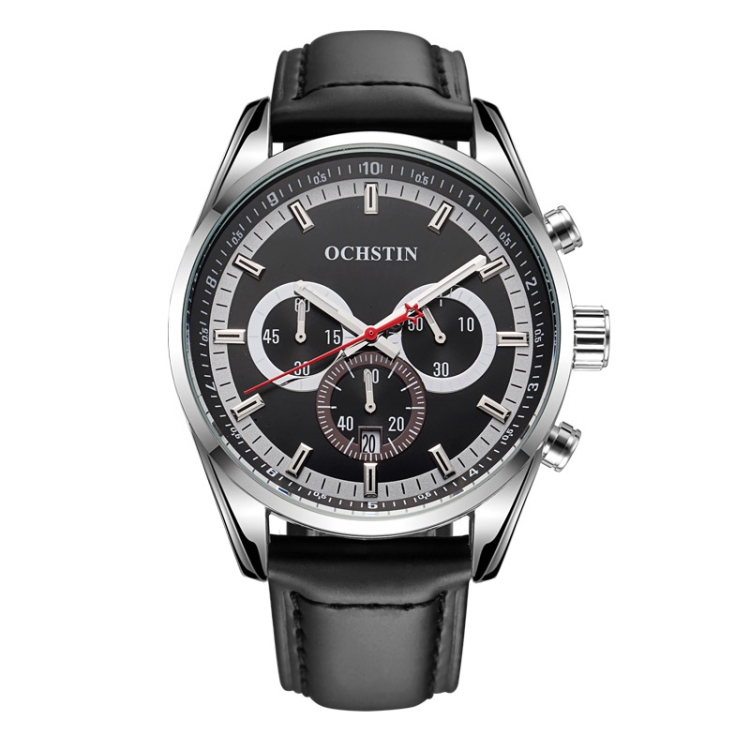 Ochstin 6046A Business Style Quartz Men Leather Watch(Silver+Black)