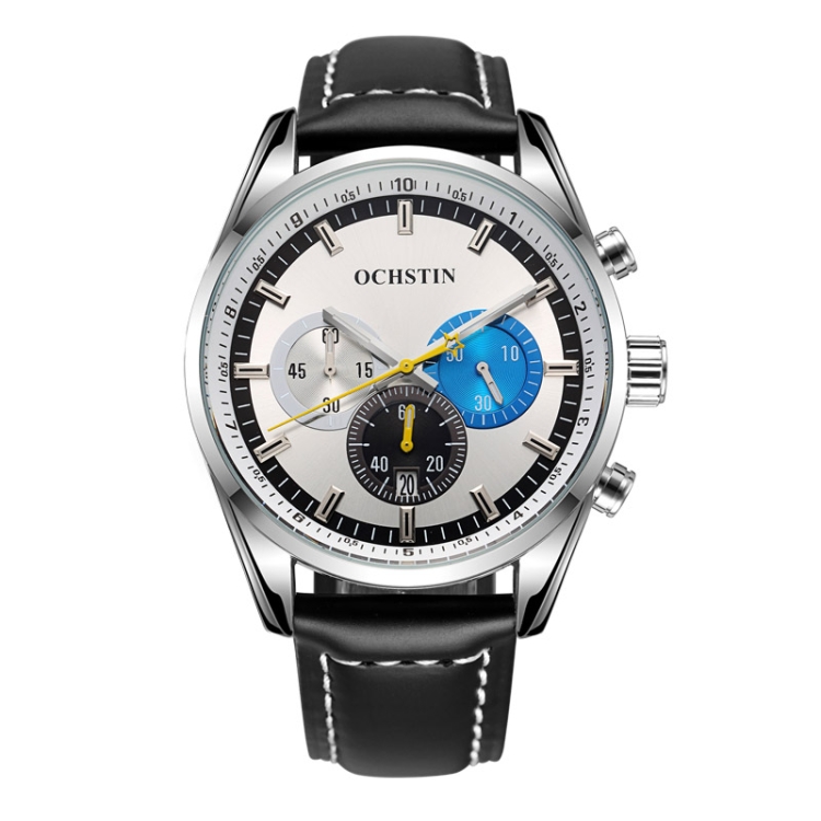 Ochstin 6046A Business Style Quartz Men Leather Watch(Silver+White Black)