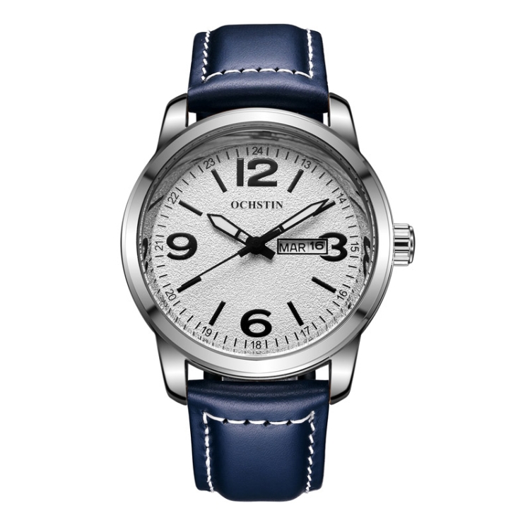 Ochstin 6047B Business Style Quartz Men Leather Watch(Silver+Blue)