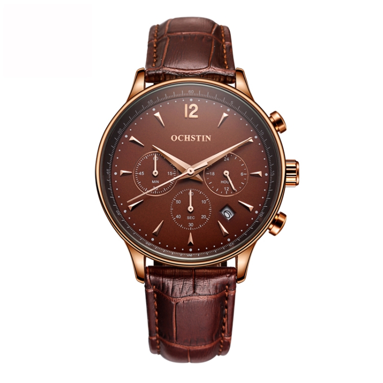 Ochstin 6050A Multifunctional Quartz Men Leather Watch(Coffee+Coffee)