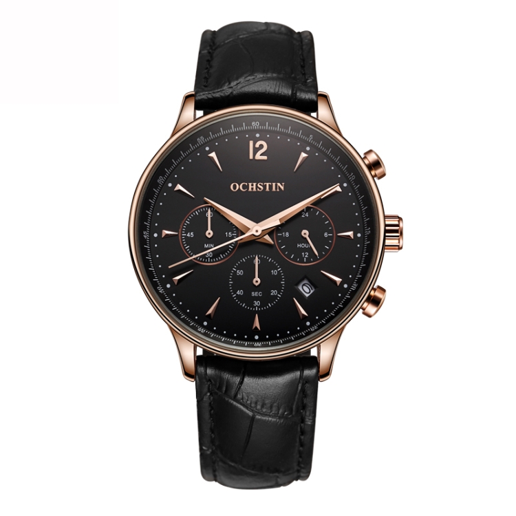 Ochstin 6050A Multifunctional Quartz Men Leather Watch(Rose Gold+Black)