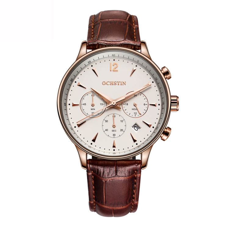 Ochstin 6050A Multifunctional Quartz Men Leather Watch(Rose Gold+Coffee)