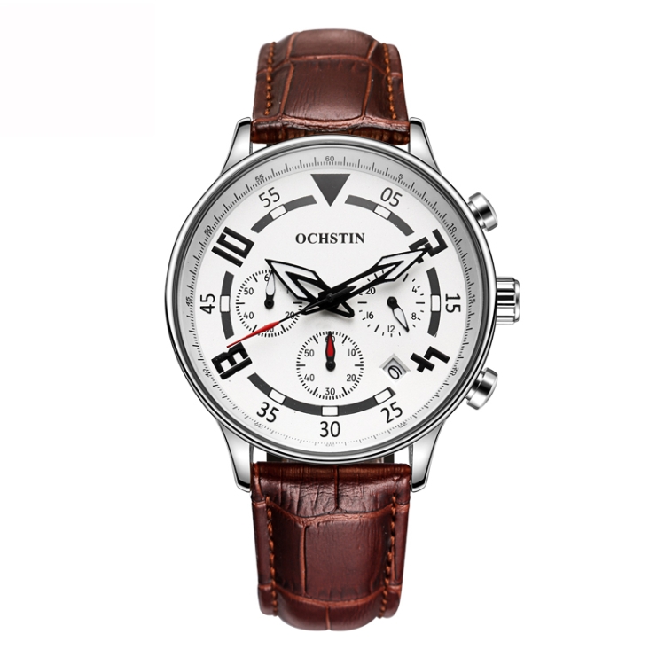 Ochstin 6050B Multifunctional Quartz Men Leather Watch(Silver+Coffee)
