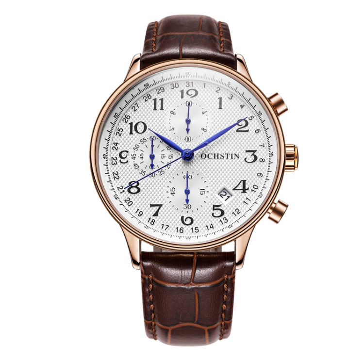 Ochstin 6050C Multifunctional Quartz Men Leather Watch(Rose Gold+Coffee)