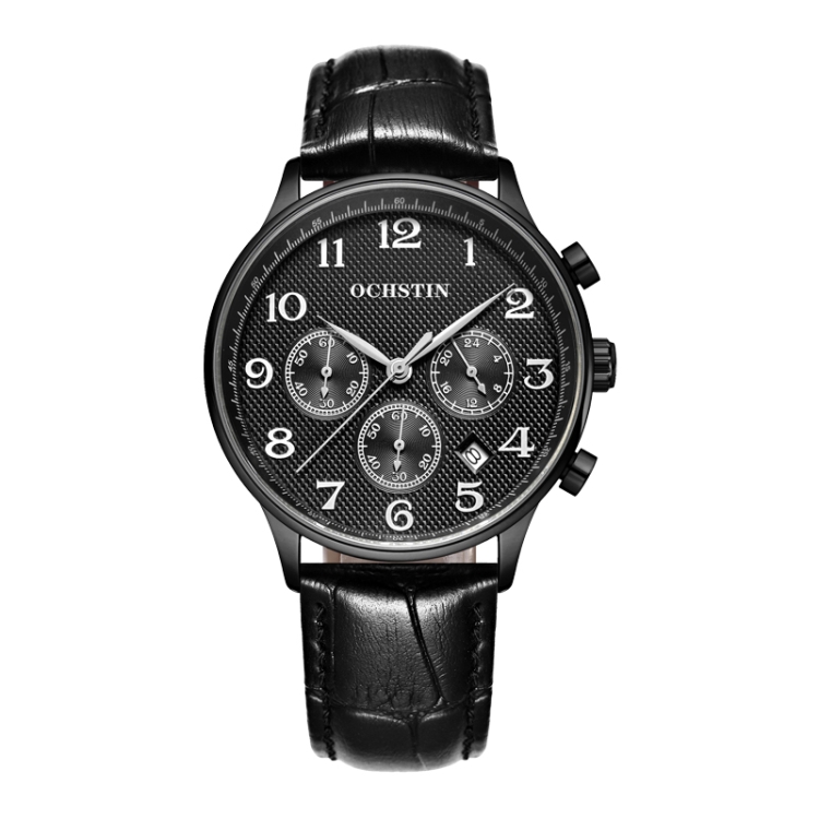 Ochstin 6050E Multifunctional Quartz Men Leather Watch(Black+Black)