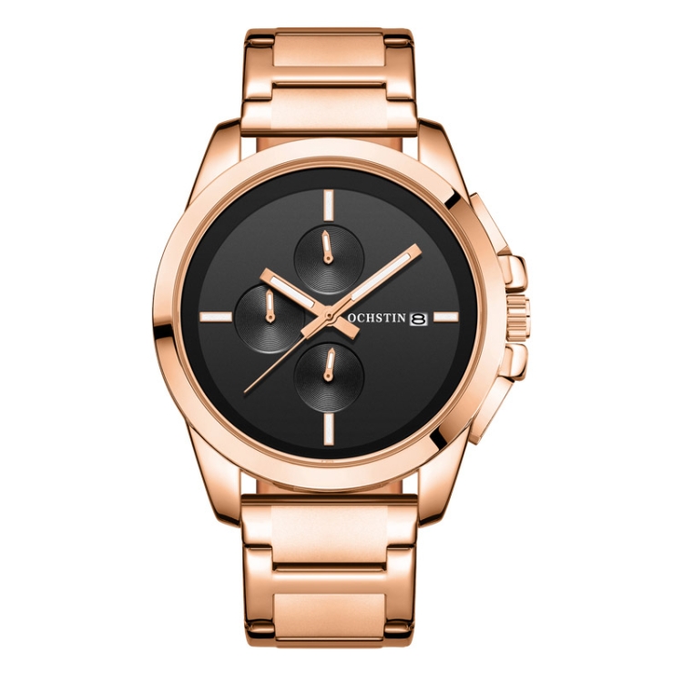 OCHSTIN 6059C Pilot Series Multifunctional Quartz Steel Band Men Watch(Black+Rose Gold)
