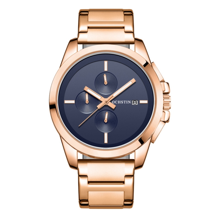 OCHSTIN 6059C Pilot Series Multifunctional Quartz Steel Band Men Watch(Blue+Rose Gold)