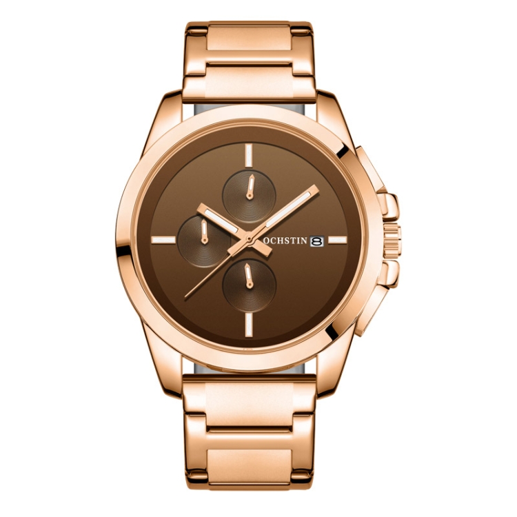 OCHSTIN 6059C Pilot Series Multifunctional Quartz Steel Band Men Watch(Coffee+Rose Gold)