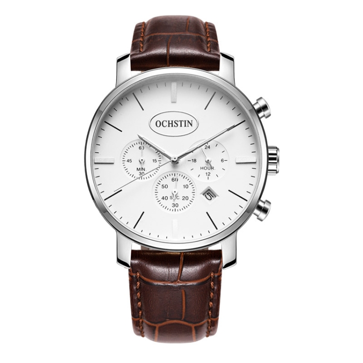 OCHSTIN 6066A Prominente Series Multifunctional Quartz Luminous Men Watch(Silver+Coffee)