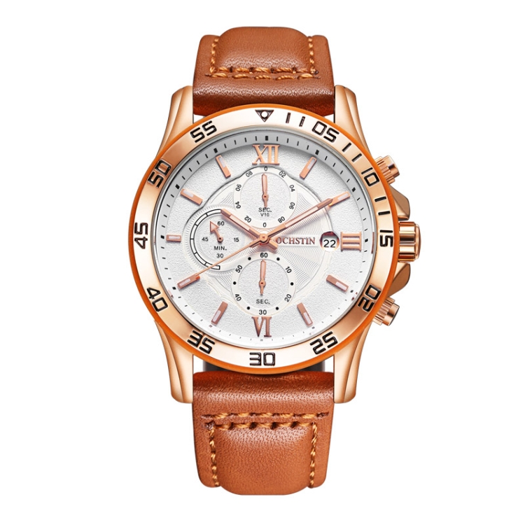 OCHSTIN 6068A Multifunctional Quartz Waterproof Luminous Men Watch(Rose Gold+Brown)