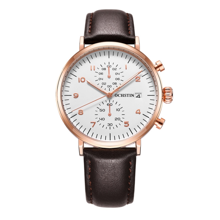 OCHSTIN 6076C Multifunctional Quartz Waterproof Men Leather Watch(Rose Gold+Coffee)