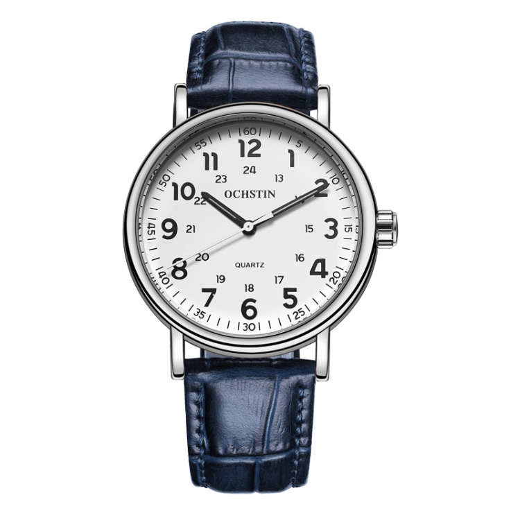OCHSTIN 6081C Fashion Hollow Men Leather Quartz Watch(Silver+Blue)
