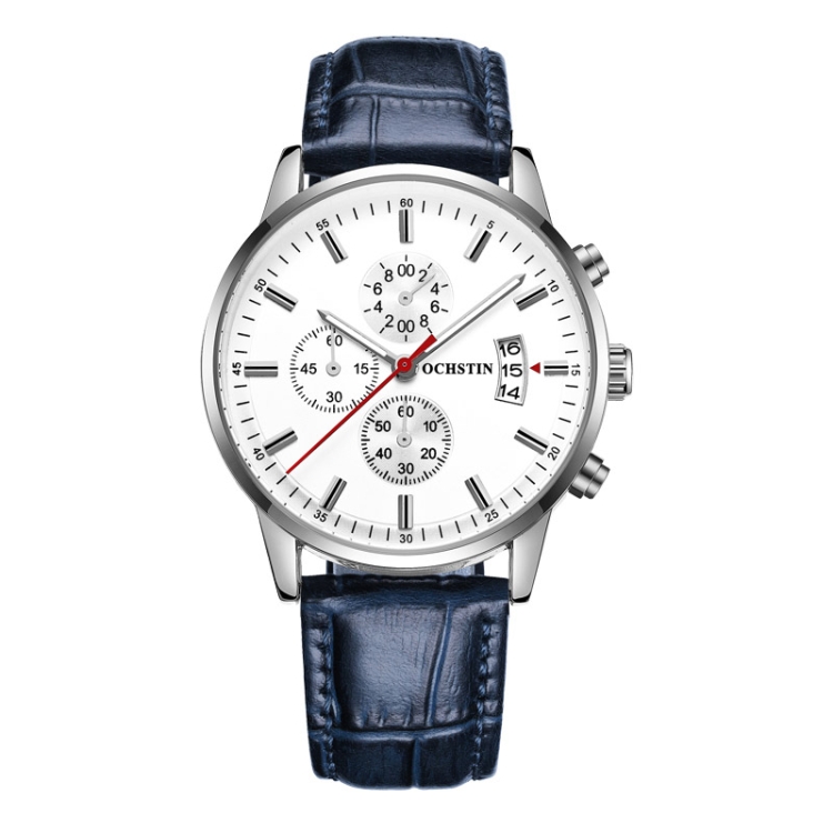 OCHSTIN 6084C Multifunctional Quartz Waterproof Luminous Men Leather Watch(Silver+Blue)