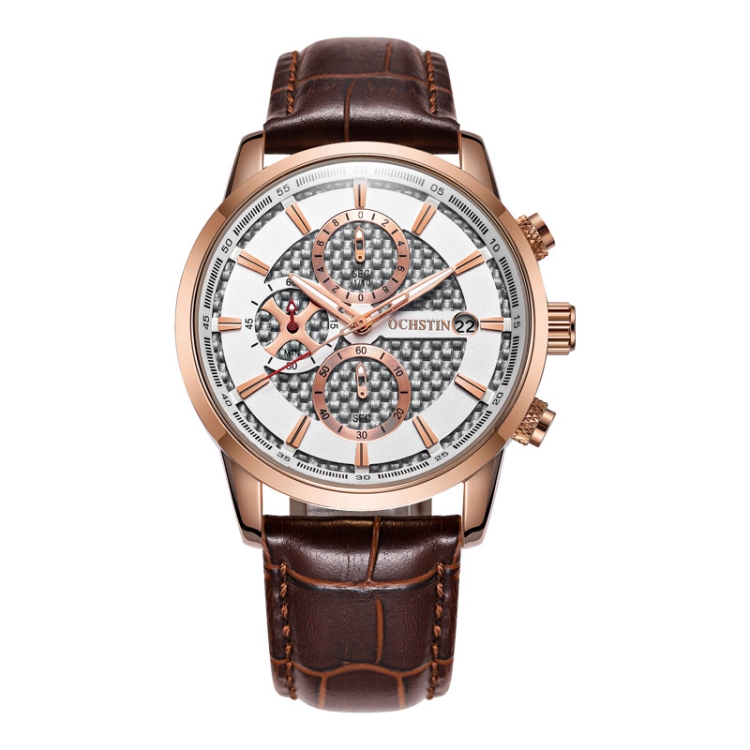 OCHSTIN 6085B Multifunctional Quartz Waterproof Men Leather Watch(Rose gold+Coffee)
