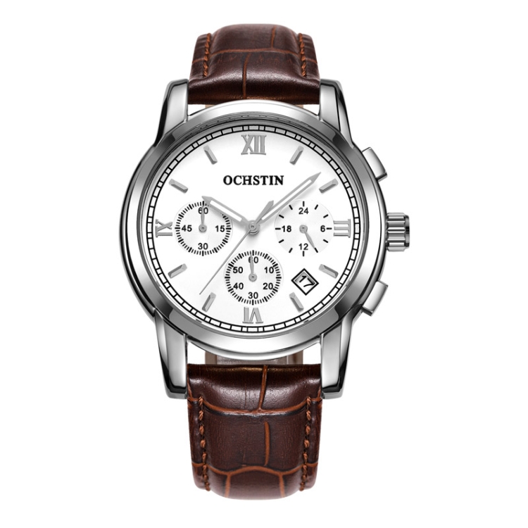 OCHSTIN 6097B Multifunctional Quartz Waterproof Luminous Men Leather Watch(Silver+Coffee)