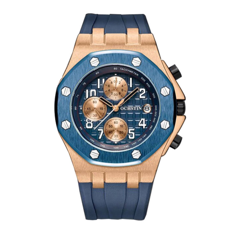 OCHSTIN 6100A Multifunctional Quartz Waterproof TPU Strap Men Watch(Rose Gold+Blue)