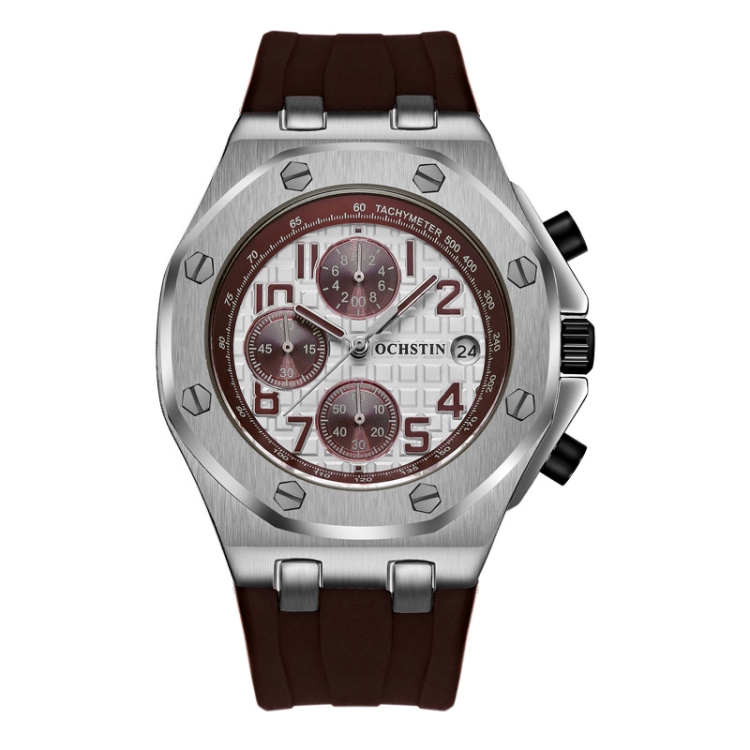 OCHSTIN 6100A Multifunctional Quartz Waterproof TPU Strap Men Watch(Silver+Coffee)