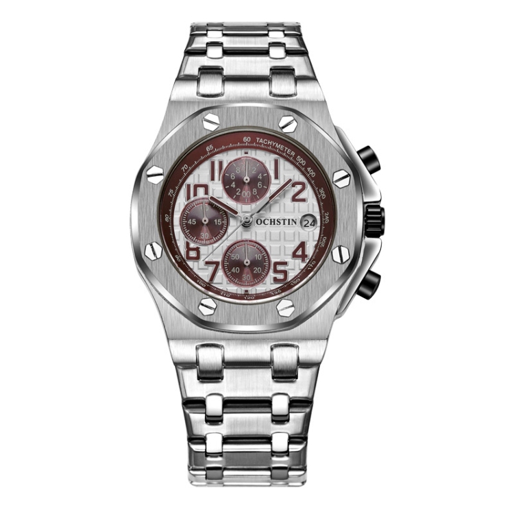 OCHSTIN 6100D Multifunctional Quartz Waterproof Luminous Steel Strap Men Watch(Silver 02)