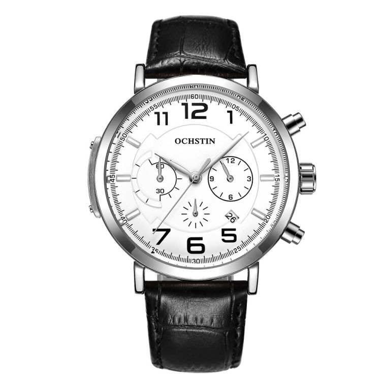 Ochstin 6105 Multi Function Watch Business Leisure Men  Watch Waterproof Timing Quartz Watch Belt Watch(Silvery White)