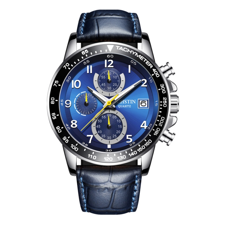 OCHSTIN 6112B Multifunctional Quartz Waterproof Luminous Men Leather Watch(Silver+Blue)