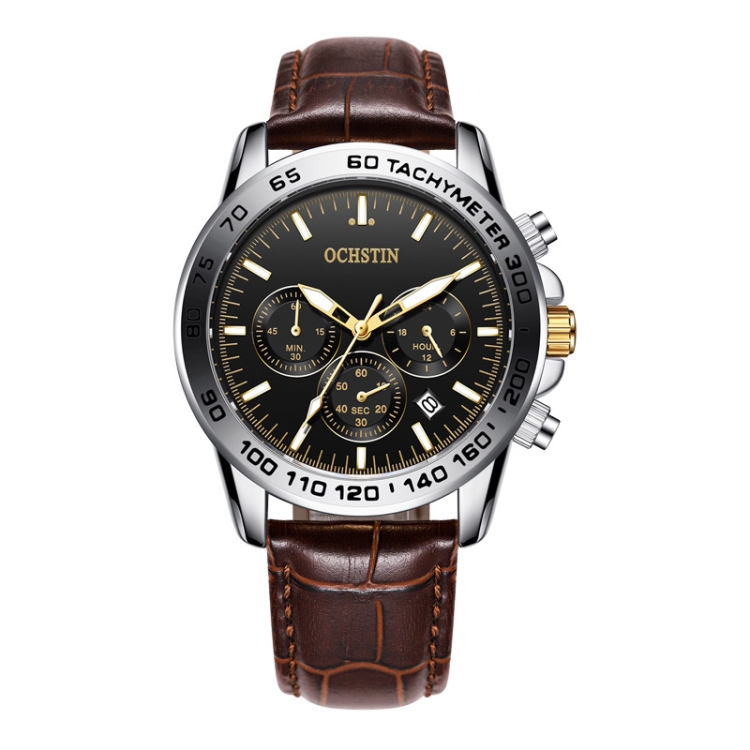 OCHSTIN 6117C Multifunctional Quartz Waterproof Men Leather Watch(Silver+Coffee)