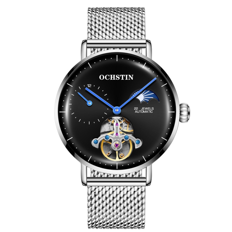 OCHSTIN 6121 Flywheel Mechanical Watch Fashion Hollow Full Automatic Mechanical Watch Business Men Watch Stainless Steel Watch Waterproof Watch(Silver Black)
