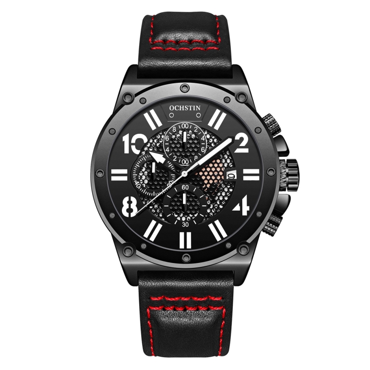 Ochstin 6122 Multi Function Quartz Watch Sports Luminous Waterproof Watch Calendar Leather Men Watch(Black)