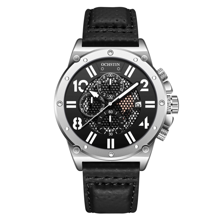 Ochstin 6122 Multi Function Quartz Watch Sports Luminous Waterproof Watch Calendar Leather Men Watch(Silver Black)