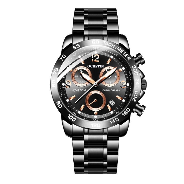 OCHSTIN 6123B Multifunctional Quartz Waterproof Luminous Steel Strap Men Watch(Black 02)