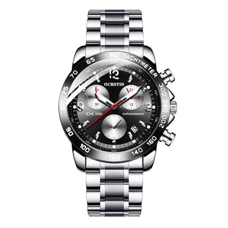 OCHSTIN 6123B Multifunctional Quartz Waterproof Luminous Steel Strap Men Watch(Silver Black)