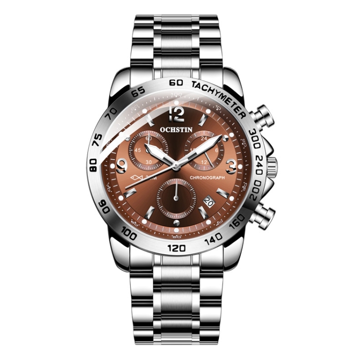 OCHSTIN 6123B Multifunctional Quartz Waterproof Luminous Steel Strap Men Watch(Silver Coffee)
