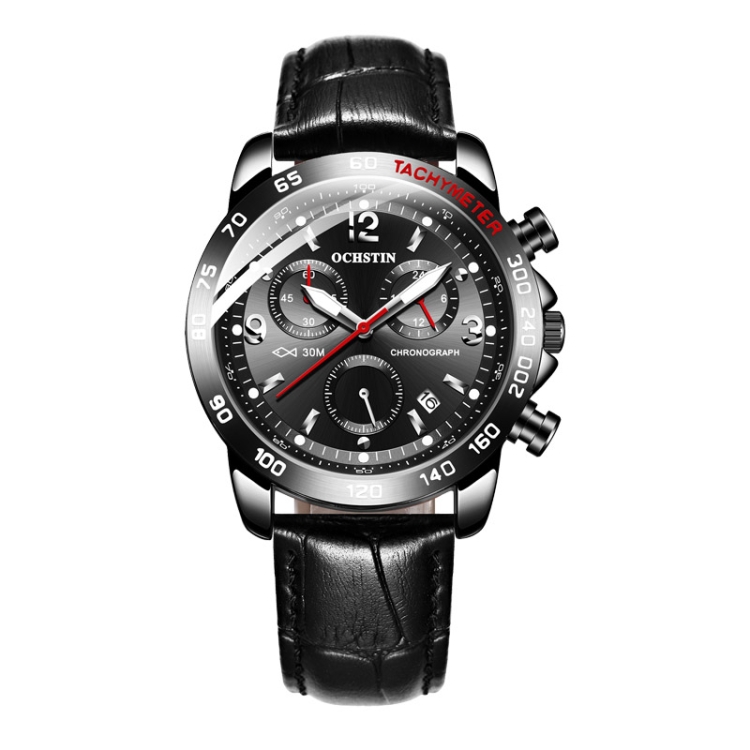 OCHSTIN 6123C Multifunctional Quartz Waterproof Luminous Men Leather Watch(Black 02)