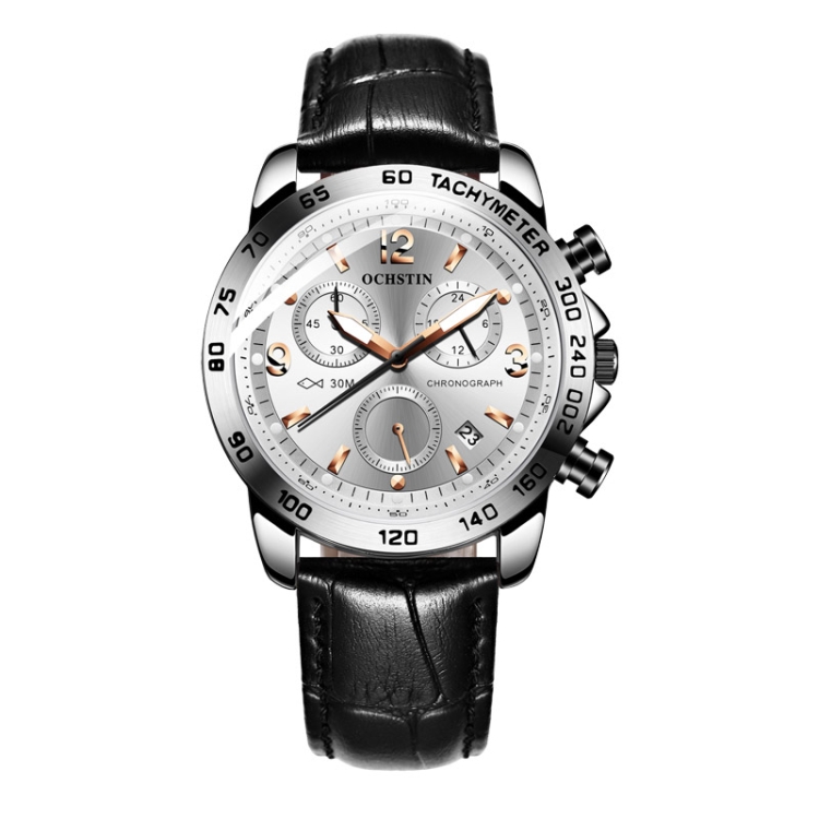 OCHSTIN 6123C Multifunctional Quartz Waterproof Luminous Men Leather Watch(Silver Black 01)
